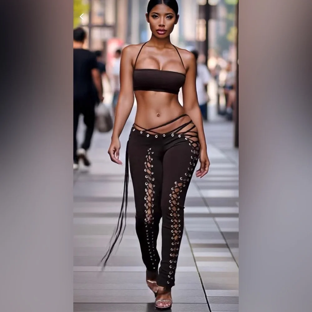 Black Lace-Up Pants Set - Picture 2 of 5